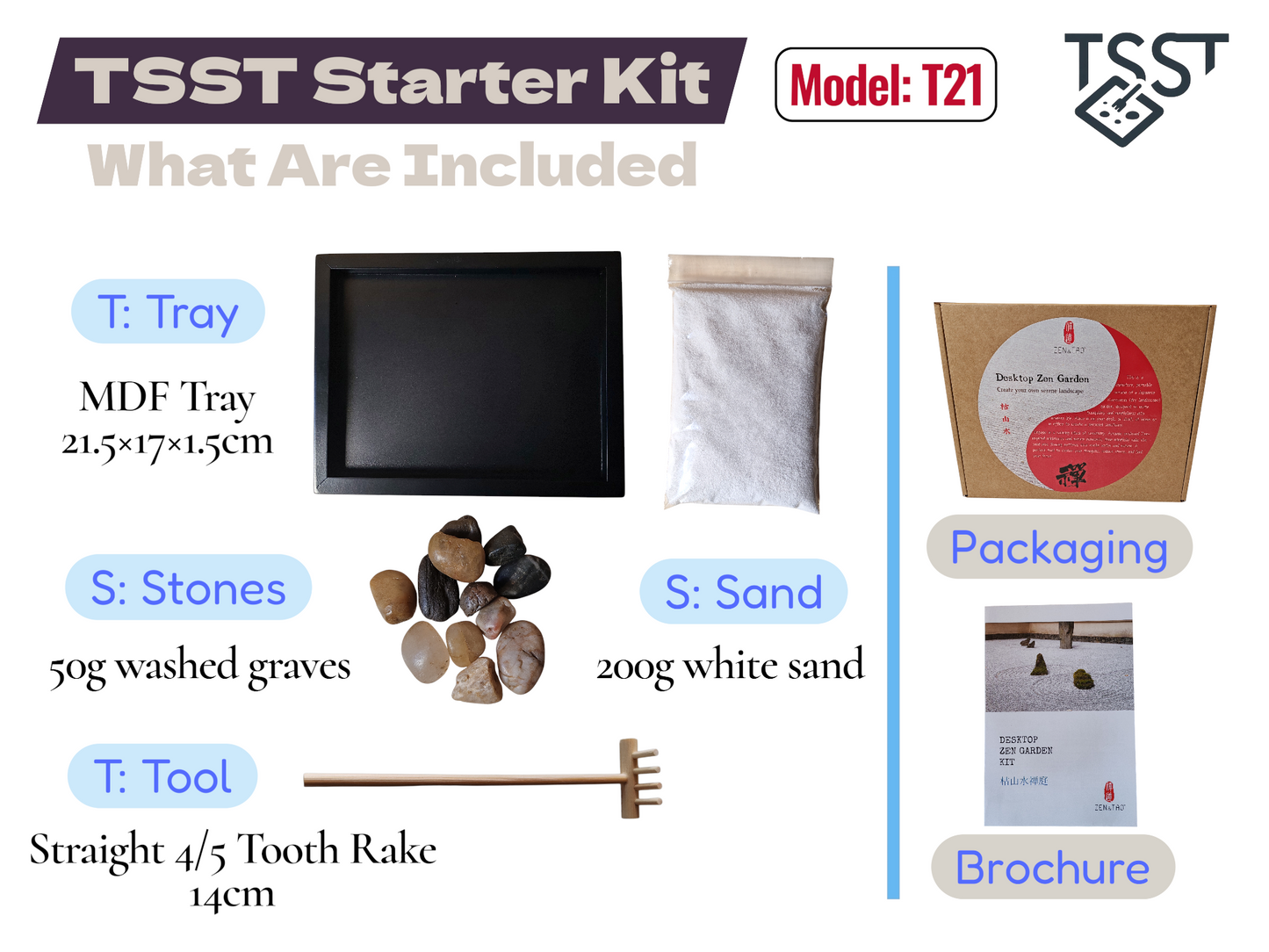 T21 TSST Starter Kit: Customisable Desktop Zen Garden | Tray, Sand, Stones & Rake Included