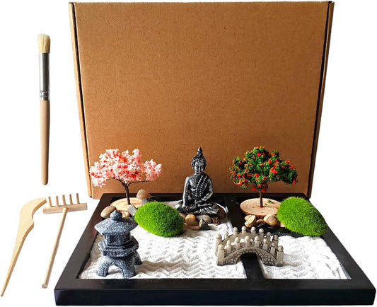 CLASSIC Desktop Zen Garden Featured with Double Trees, Buddha Statue and Other Accessories / Model: ZG104